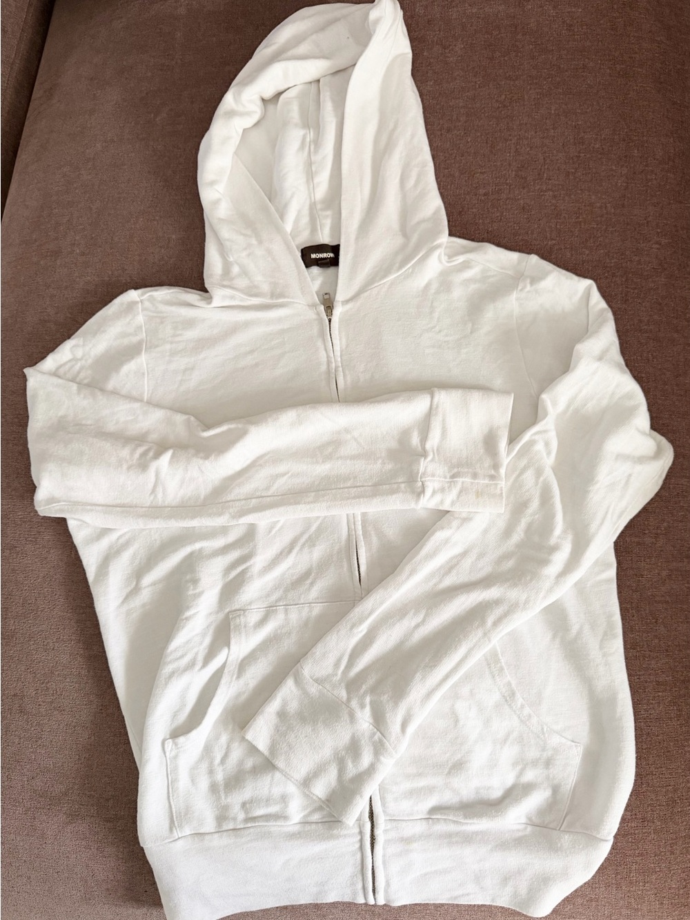 Monrow White Zip Hoodie Soft Lightweight Lounge Minimal Sweatshirt Size L